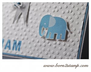 STAMPIN' UP! Babykarte mit Zoo Babies und Outline Alpha & Numbers und SAB 2014 Prägefolder Punktemeer