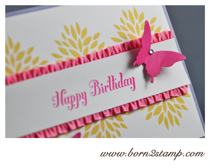 STAMPIN‘ UP! Geburtstagskarte mit Petal Parade und Bring on the Cake und beiden Schmetterlingsstanzen 2