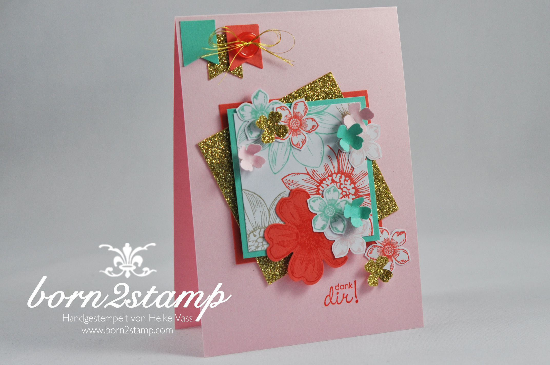 STAMPIN‘ UP! born2stamp IN{K}SPIRE_me Dankeskarte – Petal Potpourri – Flower Shop – Petite Petals – Perfekte Paerchen – Gold Metallic Thread