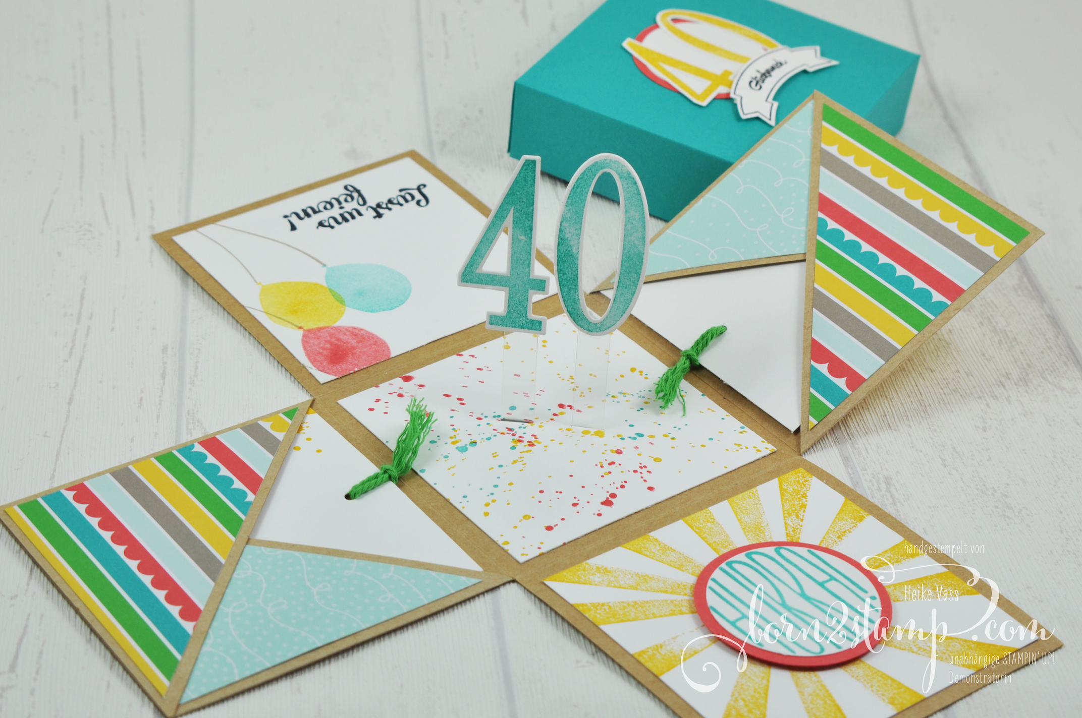 born2stamp STAMPIN‘ UP! Explosionsbox – Geburtstag – DSP Bunte Party – Konfetti-Gruesse – Gorgeous Grunge – Partyballons – So viele Jahre