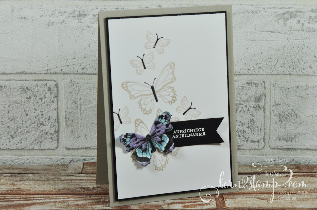 born2stamp STAMPIN‘ UP! Trauerkarte – Schmetterlingsglueck – DSP Schmetterlingsvielfalt – Klitzekleine Wuensche